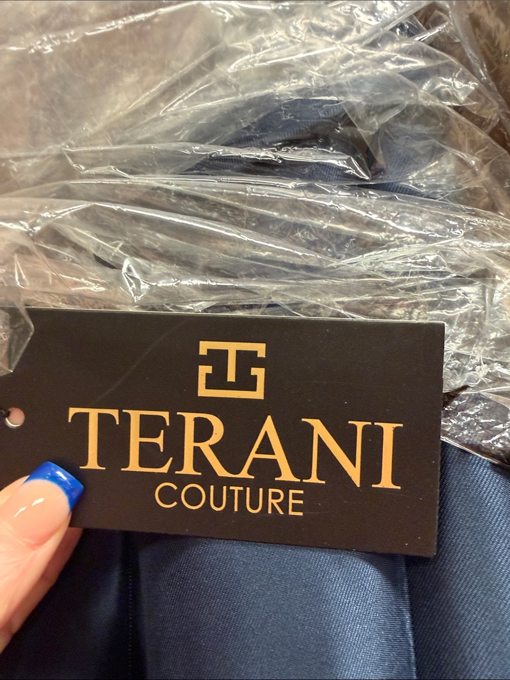 Terani Couture Strapless Navy Blue Taffeta Gown with Sculpted Rosette - Picture 3 of 9